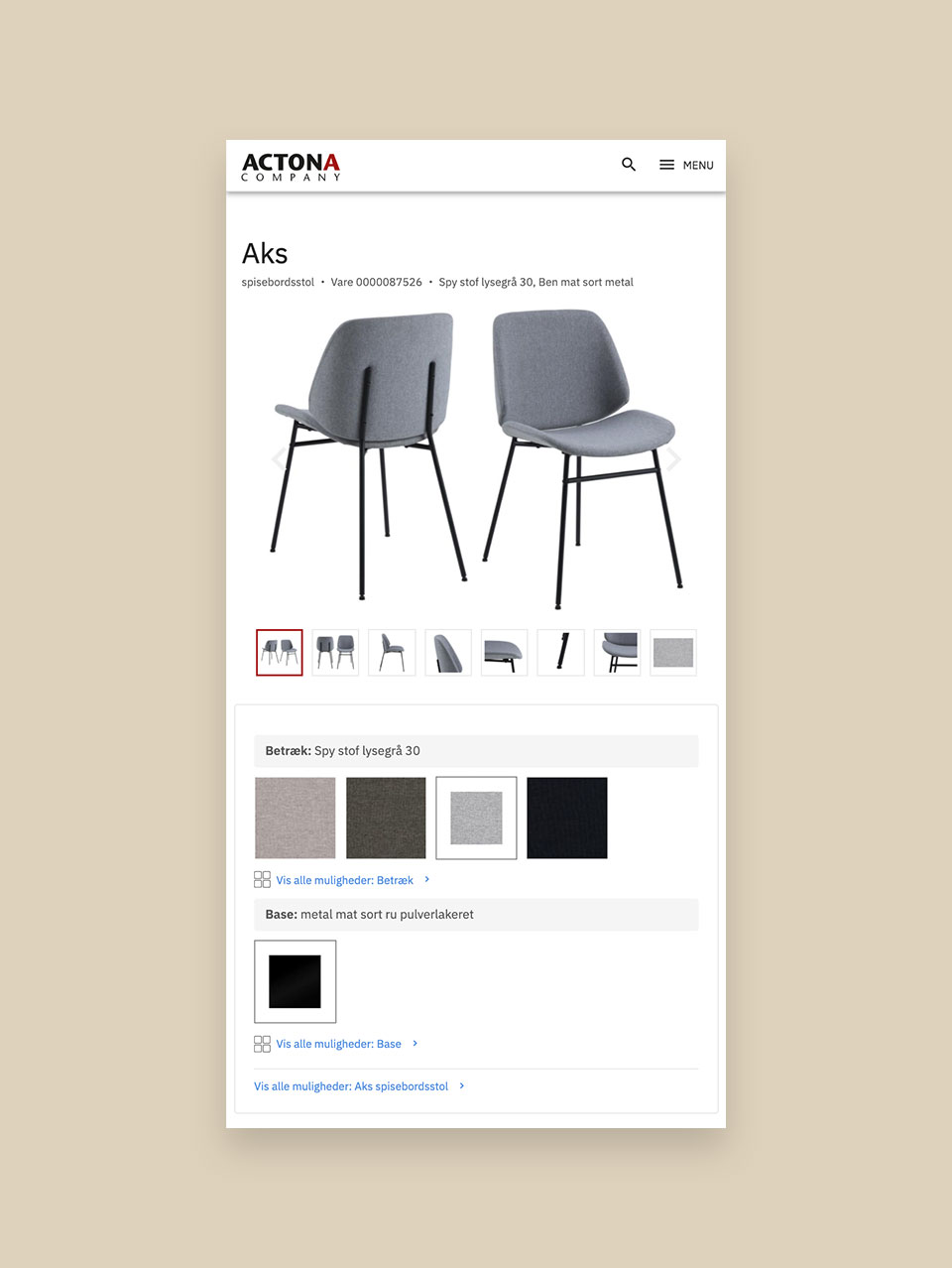 Actonas produktudvalg på mobil