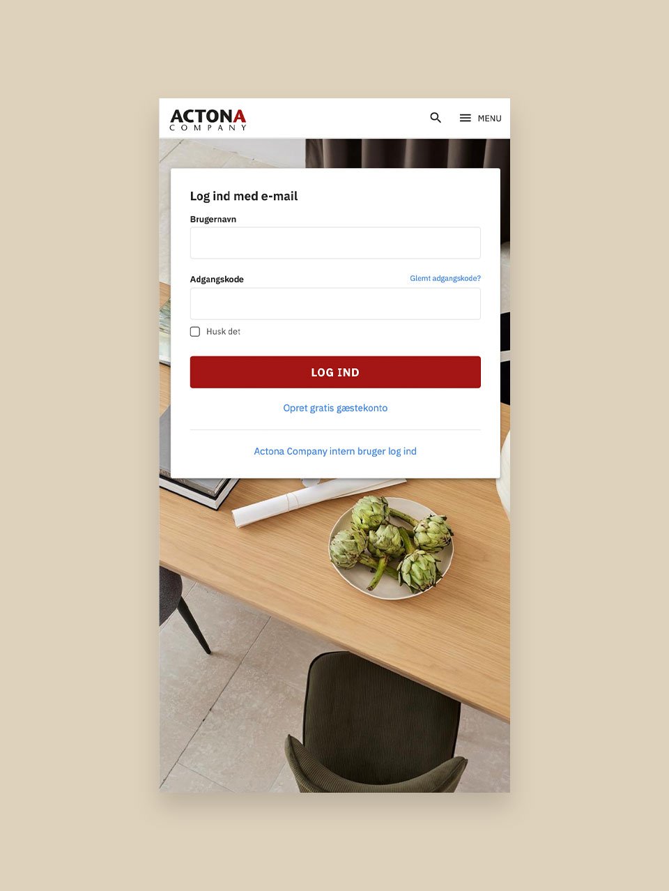 Mobilvisning af login på Actonas webshop