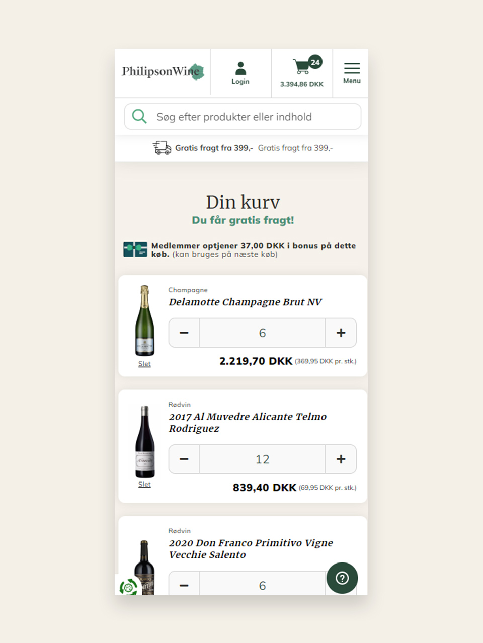 Mobilvisning af kurv på ny webshop