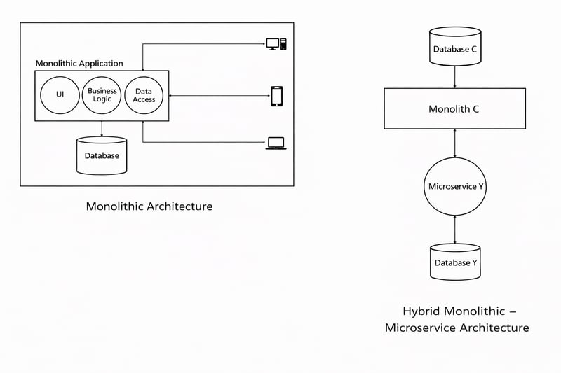 Data flow in a hybrid monolithic–microservice architecture